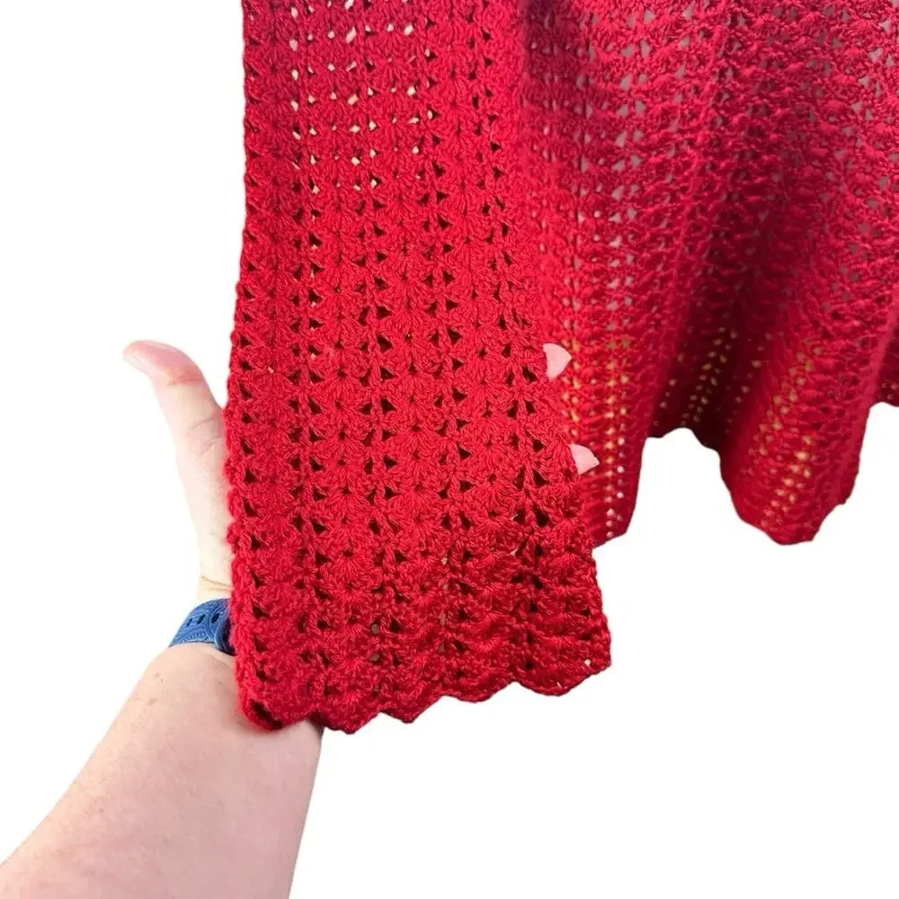 Free People Crochet Quilted Floral Sweater Red Boho Artsy Size Medium